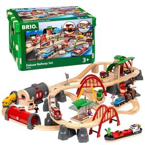 World Deluxe Railway Set - 87-Piece Wooden Train Set - Includes Passenger &